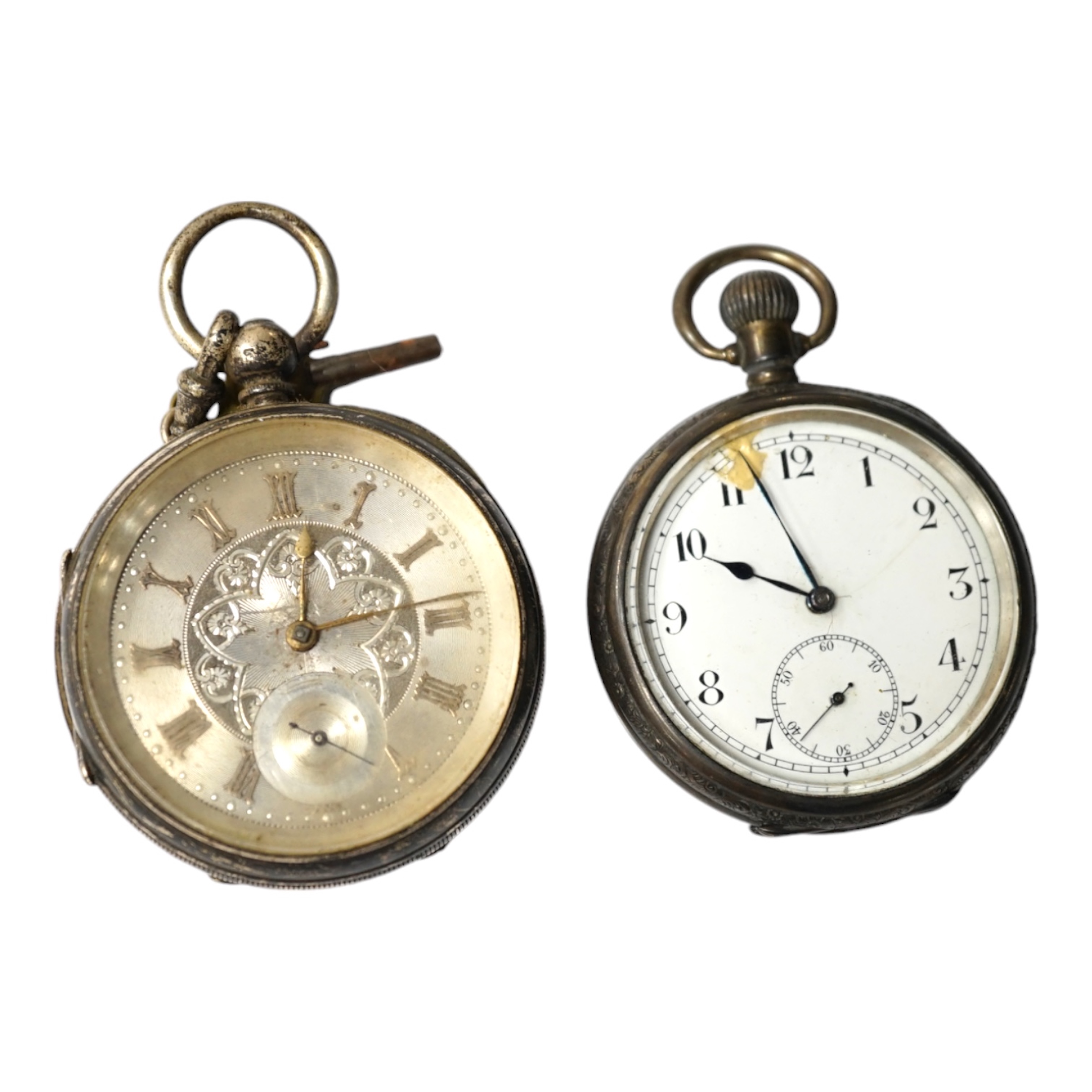 A Victorian silver open face keywind pocket watch by Davies of Ebbe Vale and one other late silver pocket watch. Condition - poor